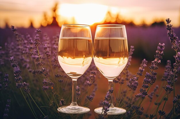 Due bicchieri di vino bianco sullo sfondo di un campo di lavanda