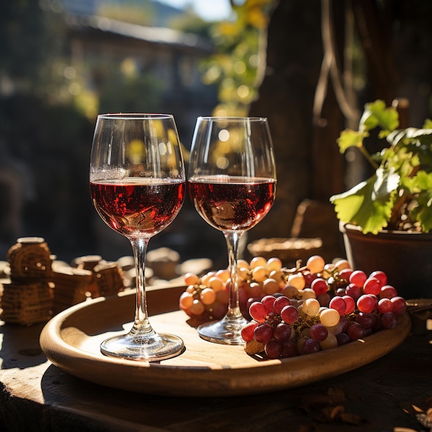 Due bicchieri di vino con l'uva e l'uva su un vassoio.