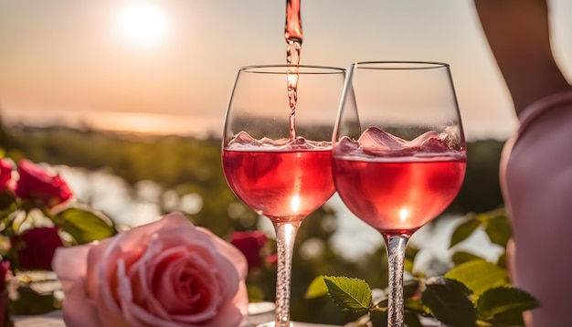 due bicchieri di vino con uno che è salito e l'altra metà della rosa