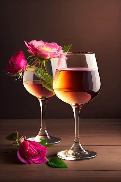 Due bicchieri di vino rosa, vita morta con vino e fiori.