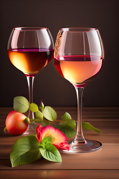 Due bicchieri di vino rosa, vita morta con vino e fiori.
