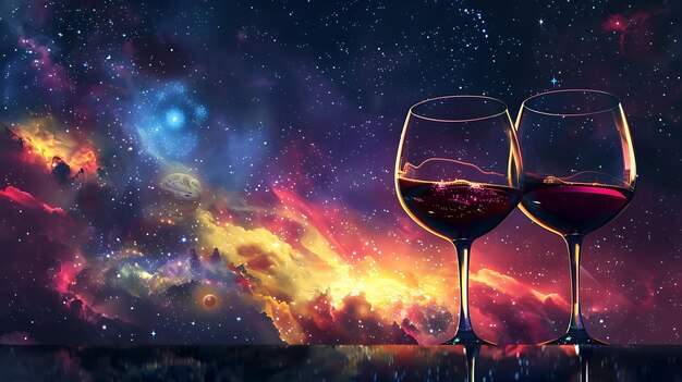 Due bicchieri di vino rosso con un bellissimo sfondo spaziale