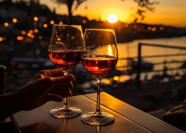 Due bicchieri di vino rosso sono sul tavolo nel ristorante sullo sfondo del mare e del tramonto