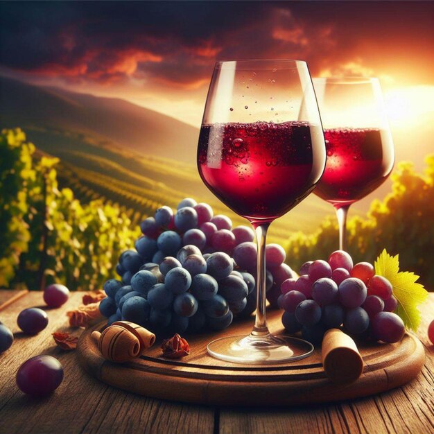 Due bicchieri di vino rosso un vigneto in lontananza un paesaggio