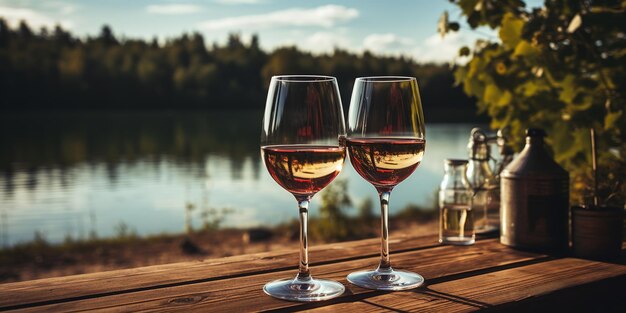 Due bicchieri di vino seduti su un tavolo accanto a un lago