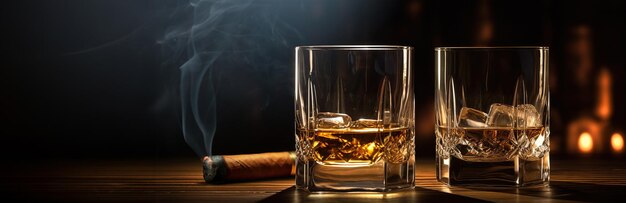 Due bicchieri di whisky con ghiaccio e un sigaro cubano su un tavolo di legno su uno sfondo scuro.