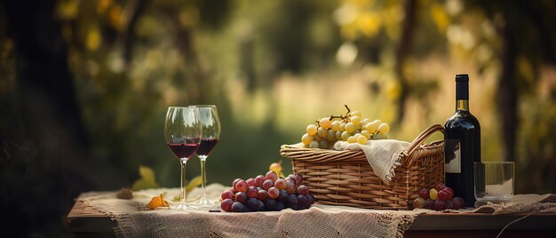 Due bicchieri e una bottiglia di vino rosso nel vigneto d'autunno Tempo di raccolta Generativo ai