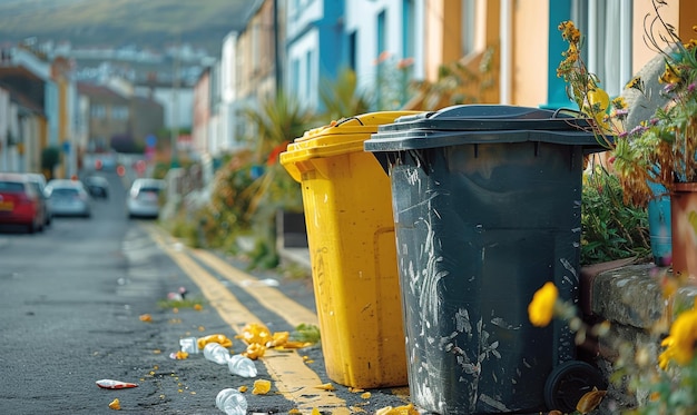 Due bidoni a ruote e spazzatura per strada.