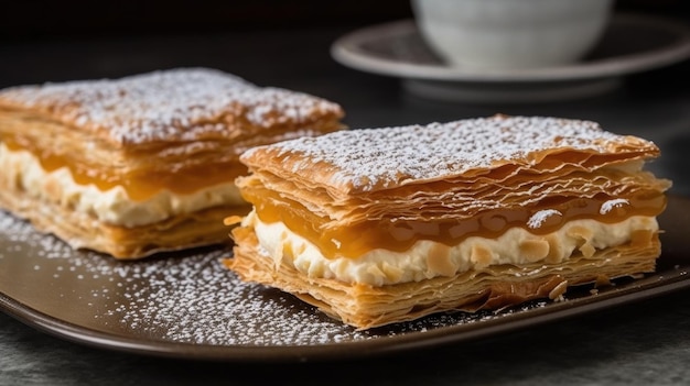 Due bignè su un piatto con una tazza di caffè dietro.