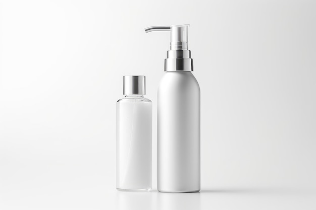 Due bottiglie bianche con pompe su una superficie bianca o trasparente sullo sfondo trasparente PNG