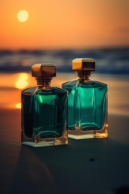 Due bottiglie di profumo su una spiaggia con un tramonto sullo sfondo