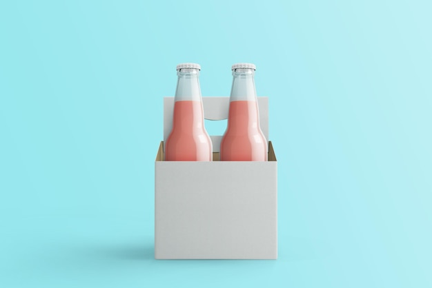 Due bottiglie di soda assortite bevande analcoliche con scatola di carta bianca isolata su sfondo toscha3d rendering adatto per il tuo progetto di design