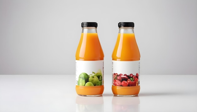 Due bottiglie di succhi di frutta con tappi neri senza etichette isolati su uno sfondo bianco