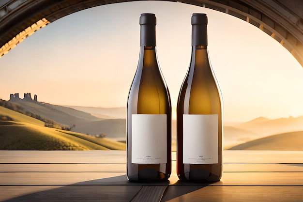 Due bottiglie di vino con un paesaggio sullo sfondo