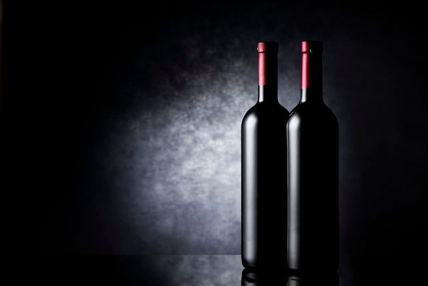 Due bottiglie di vino rosso su sfondo nero