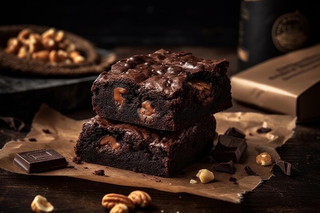 Due brownies con noci sopra di loro su un tavolo di legno.