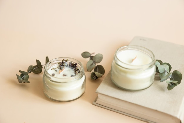 Due candele candmade di paraffina e cera di soia in vetro con stoppino in legno e erbe secche isolate su sfondo beige pastello Vista dall'alto piatta spazio copia