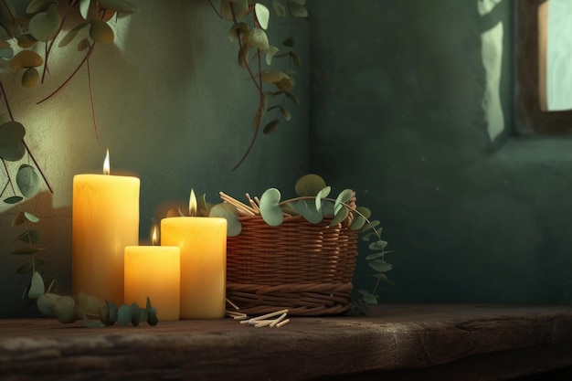 Due candele su un tavolo di legno con un cesto di eucalipto e fiammiferi