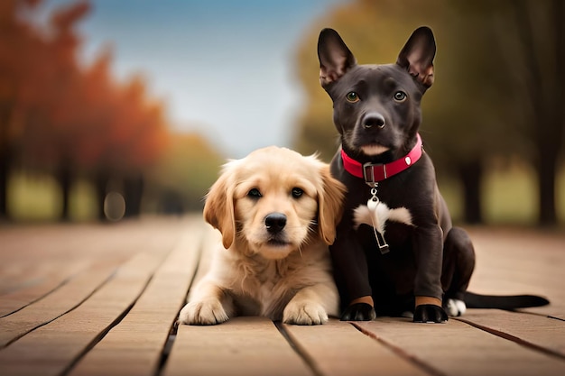 Due cani adagiati su una passerella di legno con la scritta golden sul davanti.