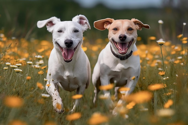 Due cani che corrono in un campo di fiori