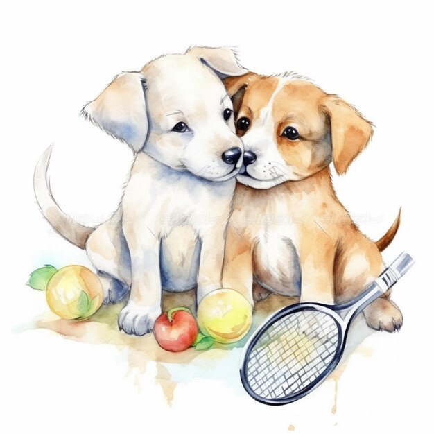 Due cani che giocano con le palline da tennis. illustrazione dell'acquerello di due cani che giocano con le palle da tennis. il cane è un cucciolo e una palla.