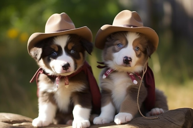 Due cani che indossano cappelli da cowboy si siedono su un tronco.