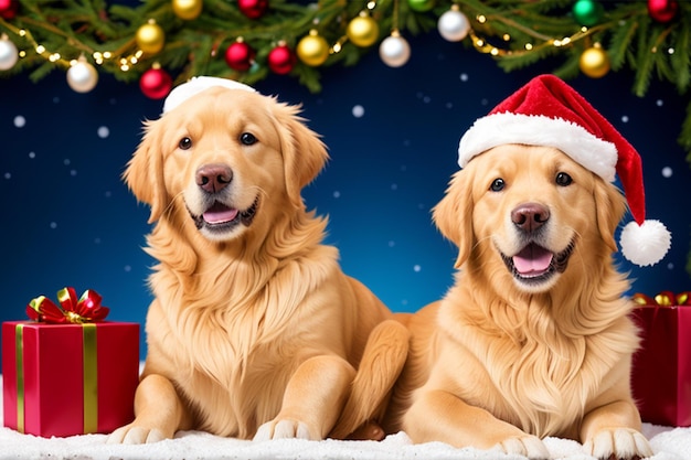 Due cani che indossano cappelli di Babbo Natale si siedono accanto a un albero di Natale.