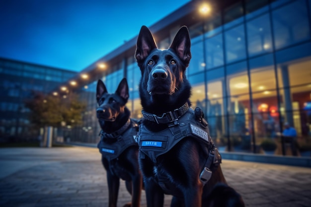 Due cani che indossano un giubbotto della polizia si trovano davanti a un edificio.