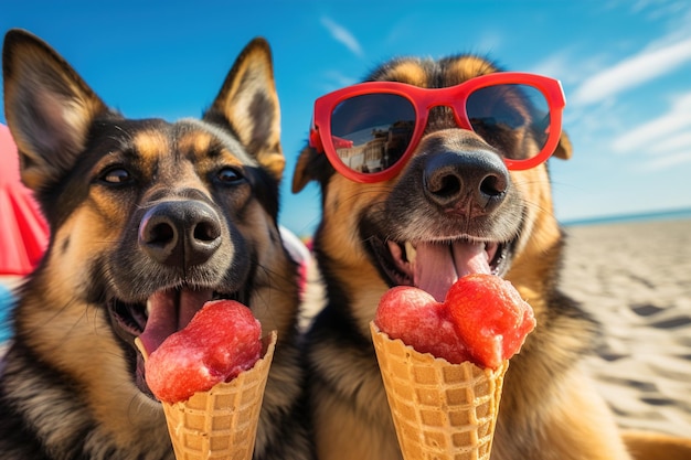 Due cani che leccano il gelato sulla spiaggia