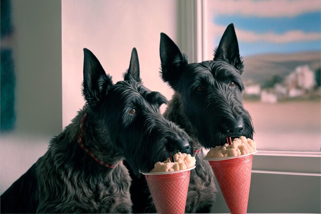 Due cani che mangiano popcorn davanti a una finestra