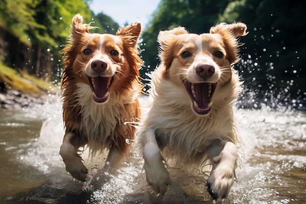 Due cani che sguazzano gioiosamente in un fiume Ai