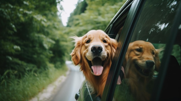 Due cani che sporgono la testa dal finestrino di un'auto generano un'immagine ai