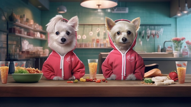 Due cani con felpe rosse siedono in un bar con un drink davanti a loro.