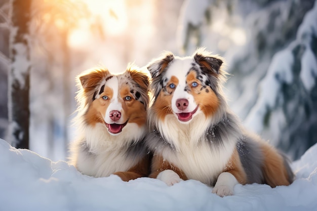 Due cani da pastore australiani felici che si trovano nella neve