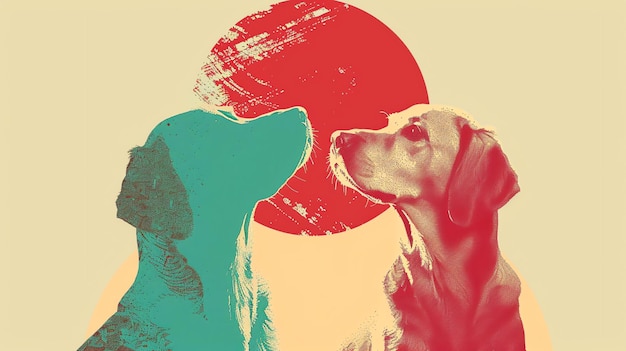 Due cani di razze diverse sono di fronte l'uno all'altro con un cerchio rosso sullo sfondo I cani sono in blu e rosso
