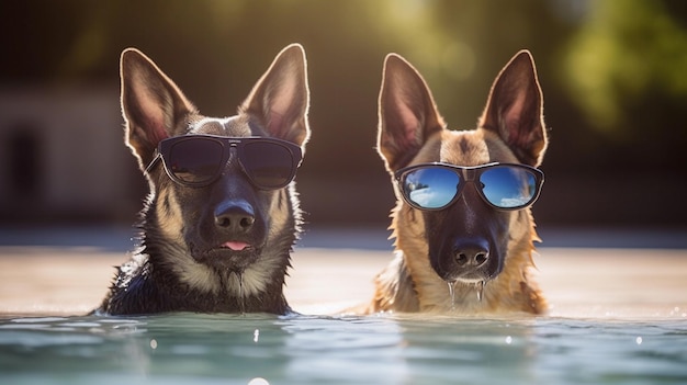 Due cani divertenti con occhiali da sole in piscina Pastore tedesco