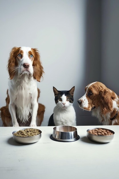 Due cani e un gatto sono seduti a tavola con ciotole di cibo IA generativa