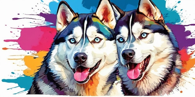 Due cani Husky siberiani su uno sfondo colorato