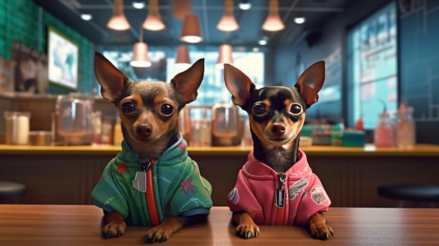 Due cani in un bar che indossano giacche