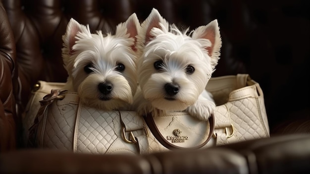 Due cani in una borsa con sopra la parola Westie.