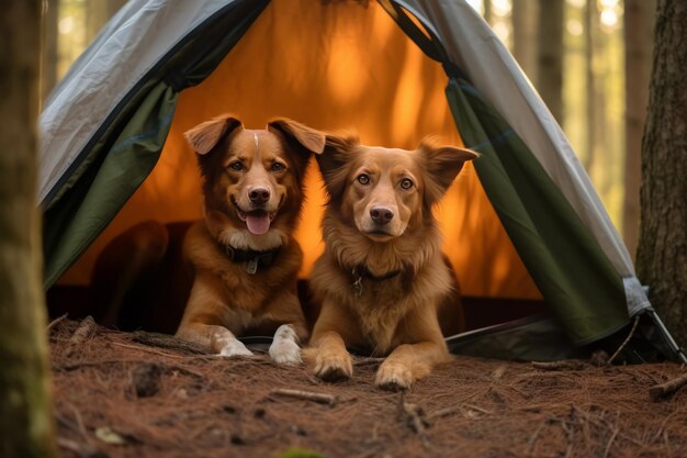 Due cani in una tenda nel bosco