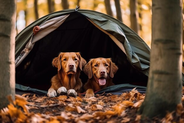 Due cani in una tenda nel bosco