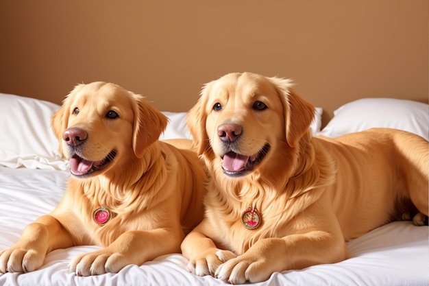 Due cani sdraiati su un letto con uno di loro che indossa un cartellino con la scritta "golden retriever"