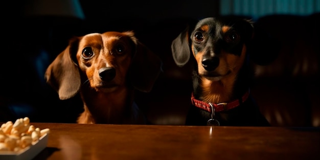 Due cani seduti a un tavolo, uno dei quali è un tacchino.