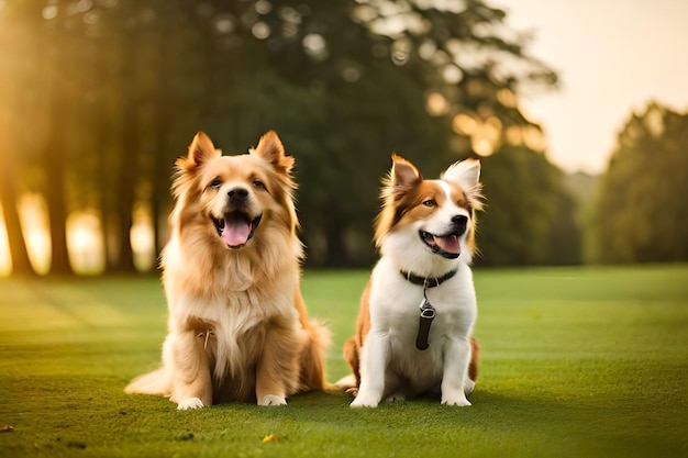 Due cani seduti su un campo da golf