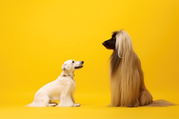 Due cani sono seduti uno di fronte all'altro su uno sfondo giallo