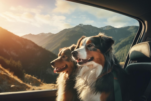 Due cani stanno guidando in una macchina sullo sfondo delle montagne foto di alta qualità