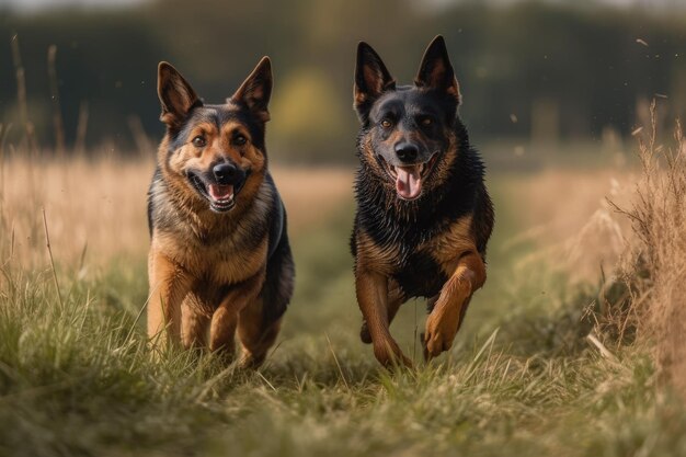 Due canini corrono attraverso il campo Si divertono su un bel prato