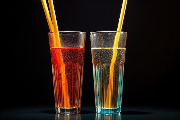 Due cannucce in un unico bicchiere di soda frizzante colorata