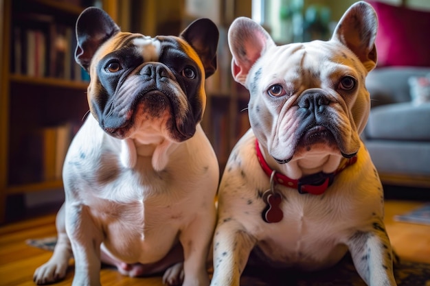 Due carini bulldog francesi che guardano e stanno seduti a casa Cani in appartamenti in città AI generativa